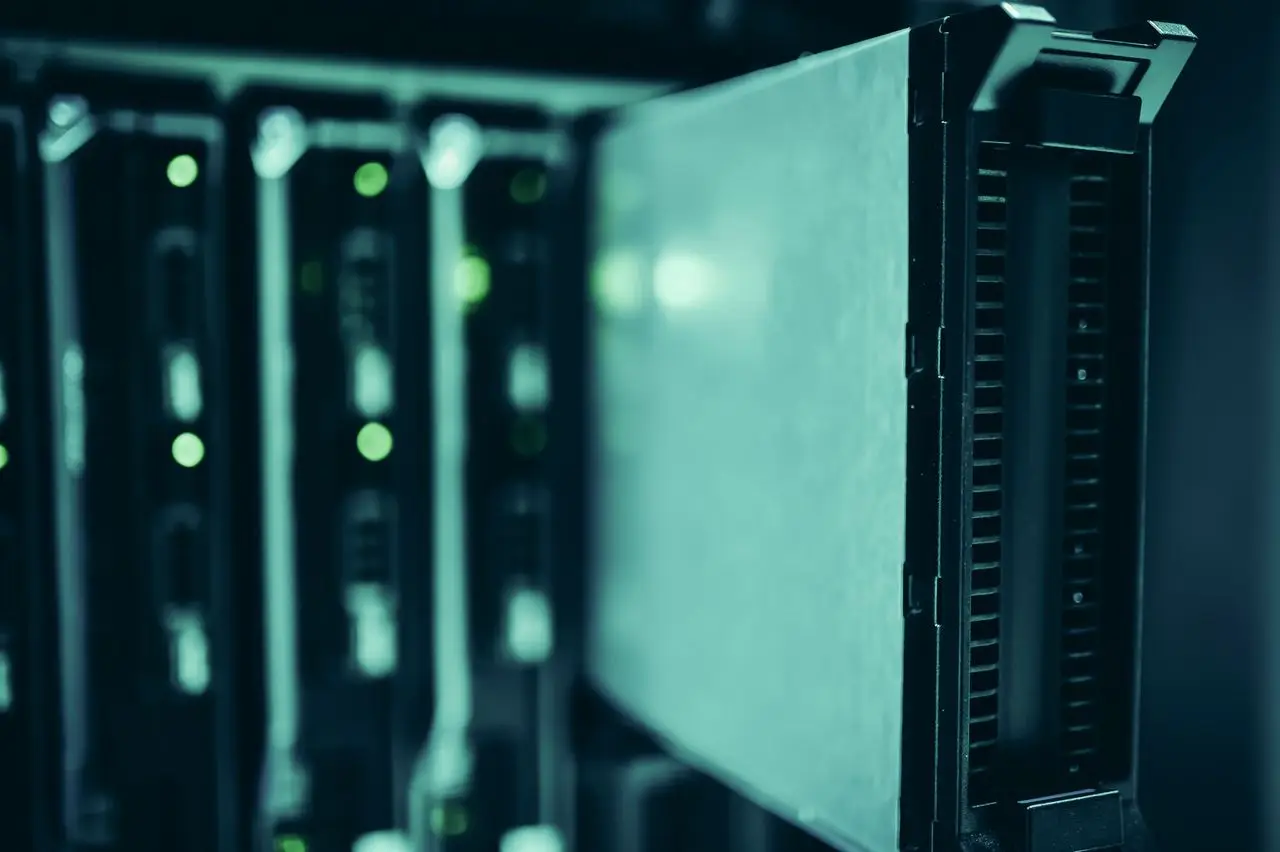 Close-up of server racks in a data center highlighting modern technology infrastructure.